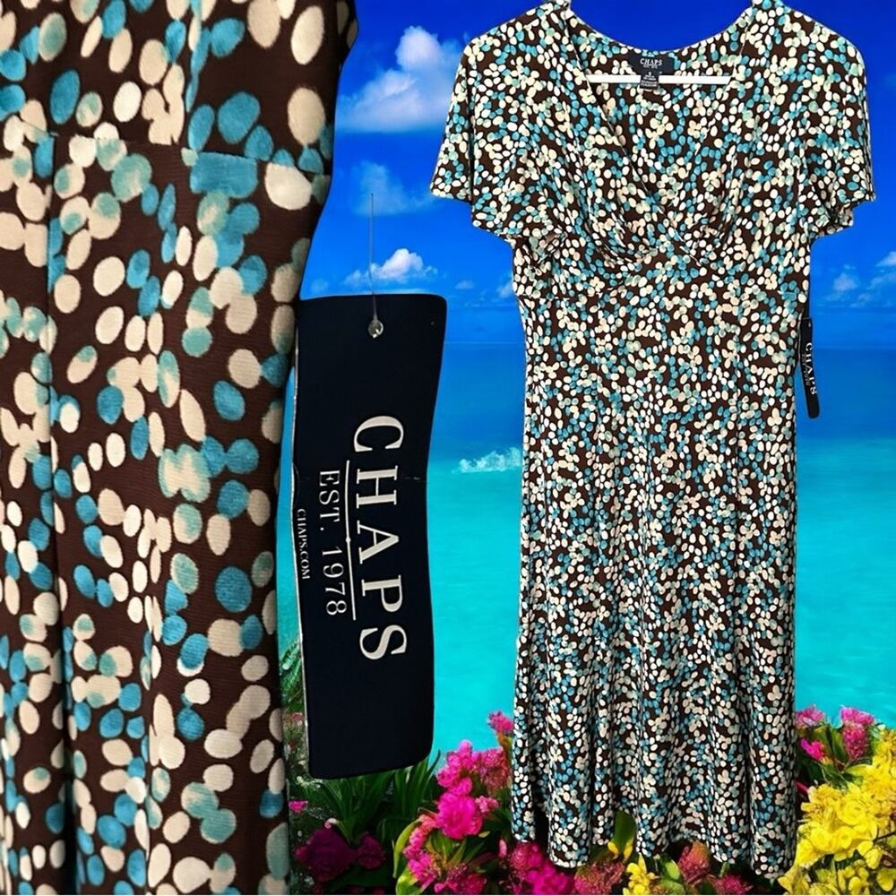 Chaps NWT Brown Blue Cream Dot Midi Dress very Flattering 95.00 Size Small